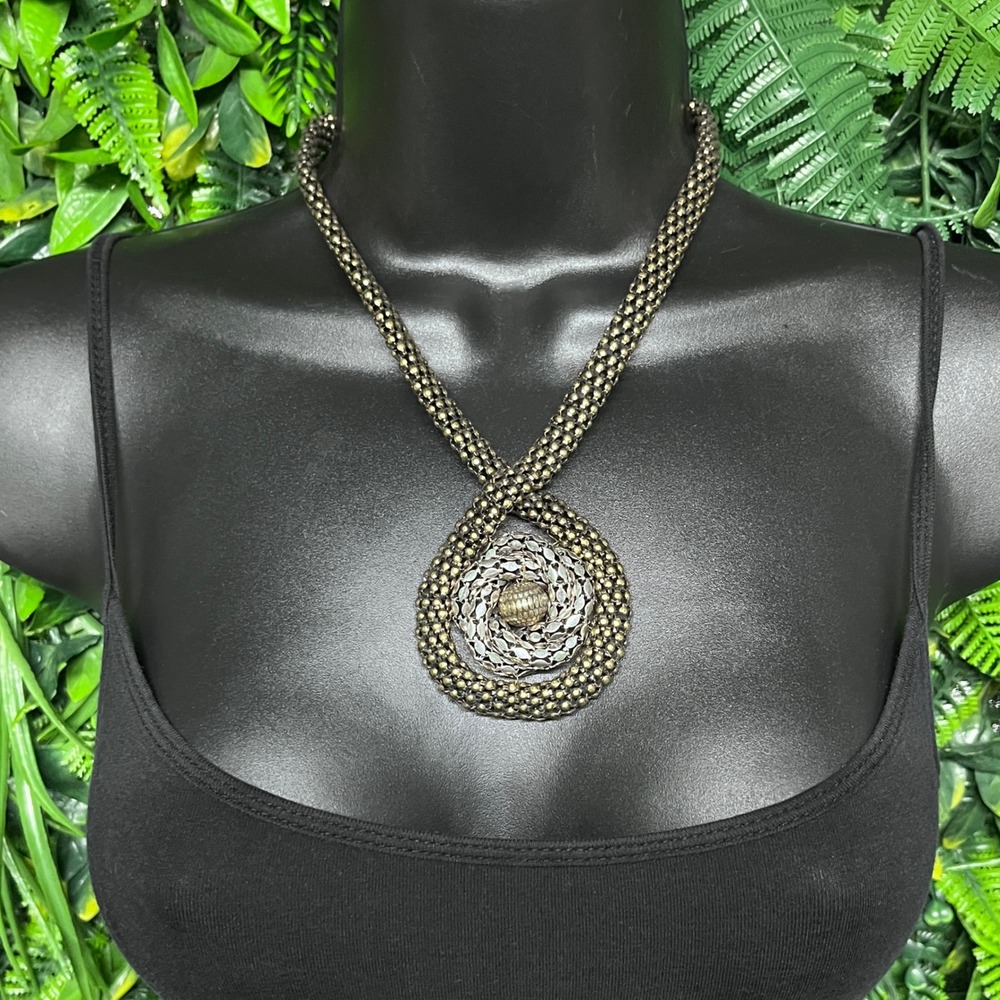 Statement Necklace Mixed Metal Mesh Rosette Brass Silver Industrial Modern 3817